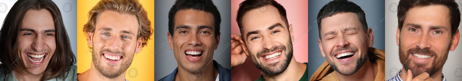Image of Collage with portraits of happy men on different color backgrounds