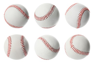 Image of Set with traditional baseball balls on white background. Sportive equipment