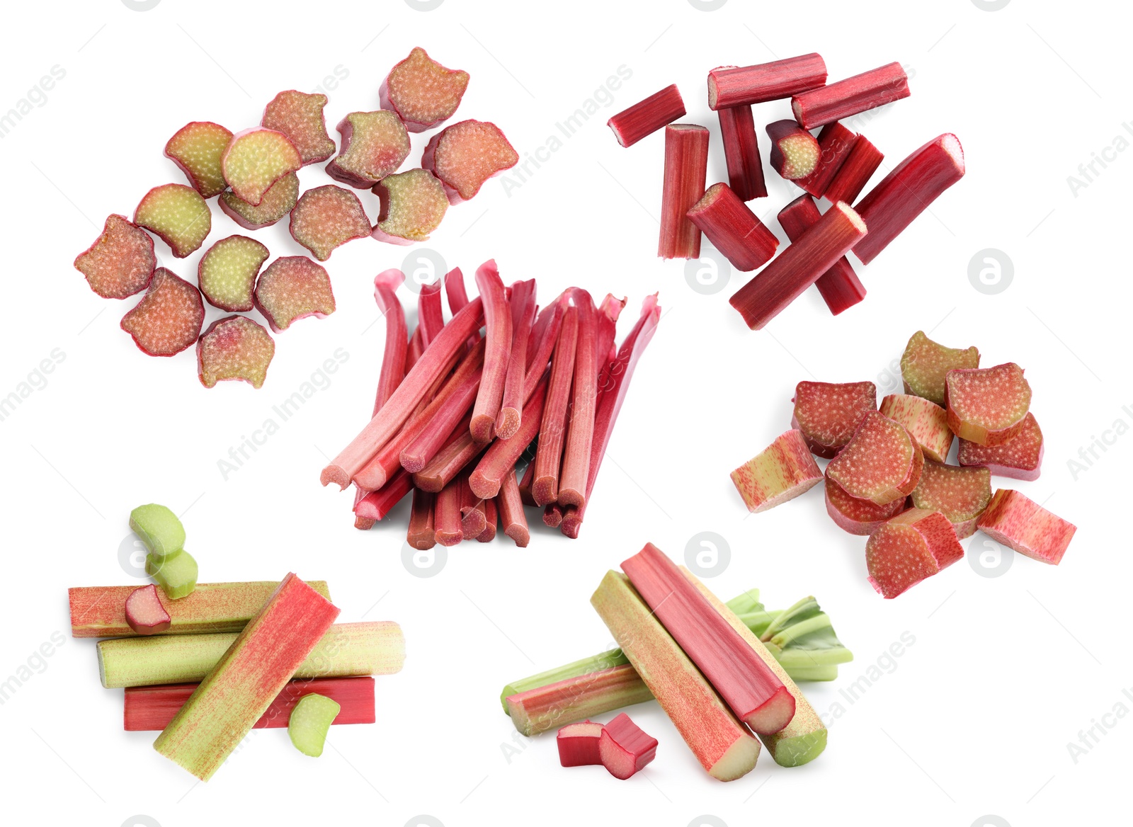 Image of Set with fresh rhubarb stalks isolated on white