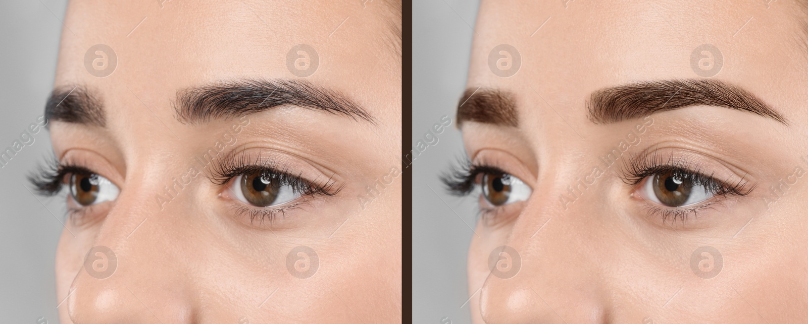 Image of Collage with photos of woman before and after eyebrows dyeing with henna, closeup. Banner design