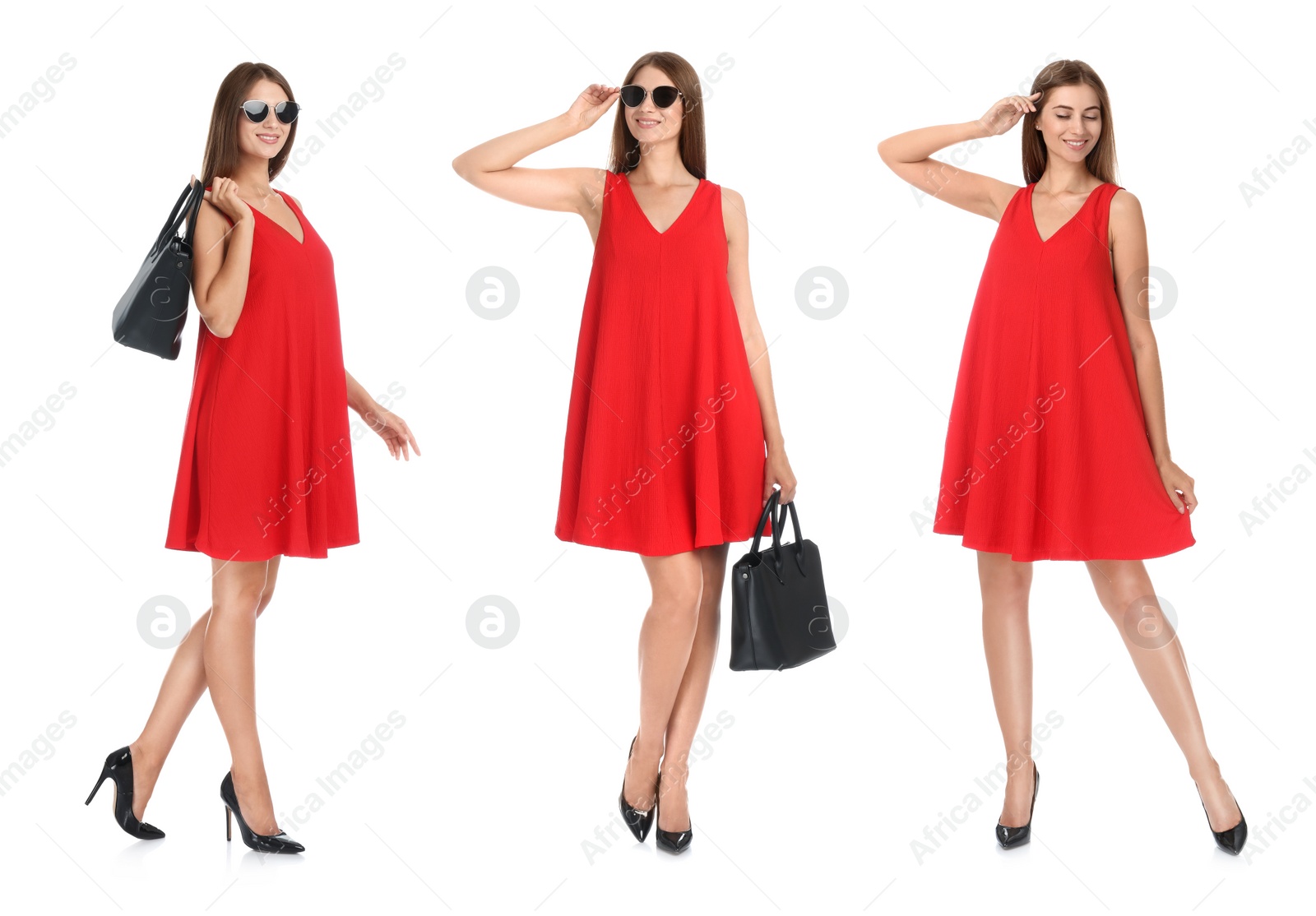 Image of Collage with photos of woman wearing dress on white background