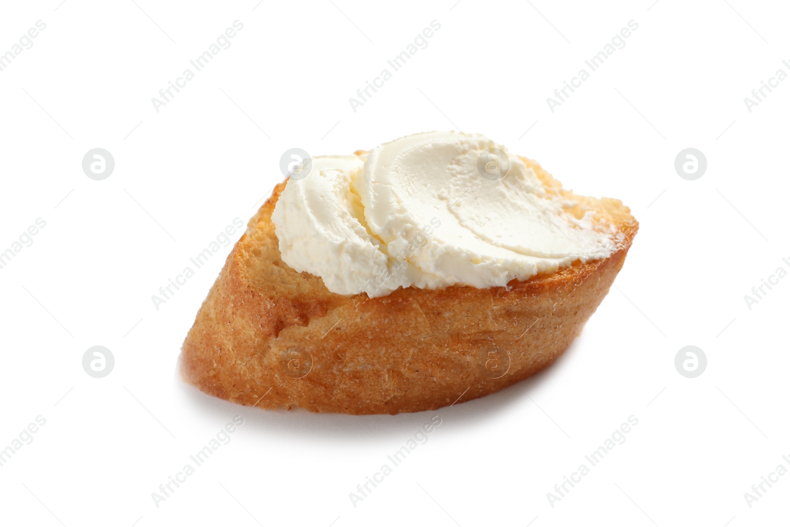 Photo of Piece of baguette with tasty cream cheese on white background