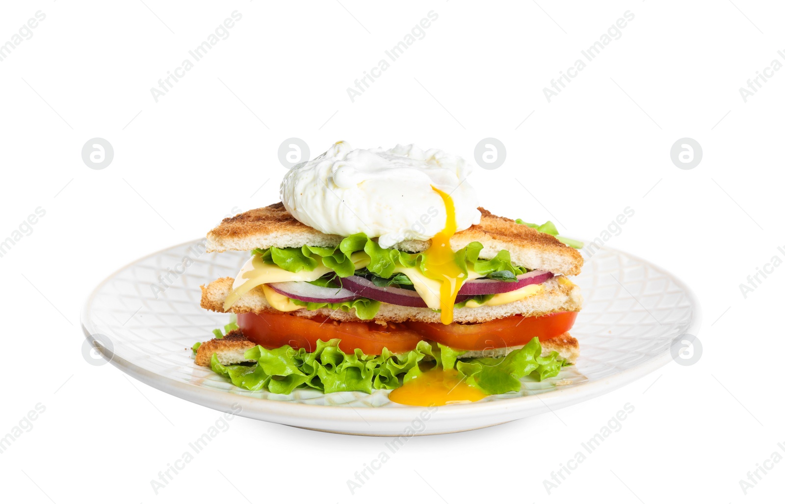 Photo of Tasty sandwich with poached egg isolated on white