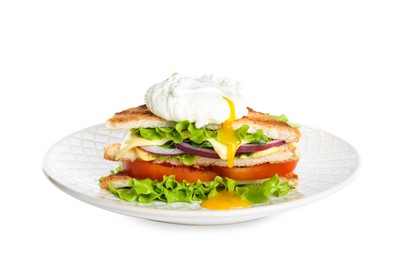 Photo of Tasty sandwich with poached egg isolated on white