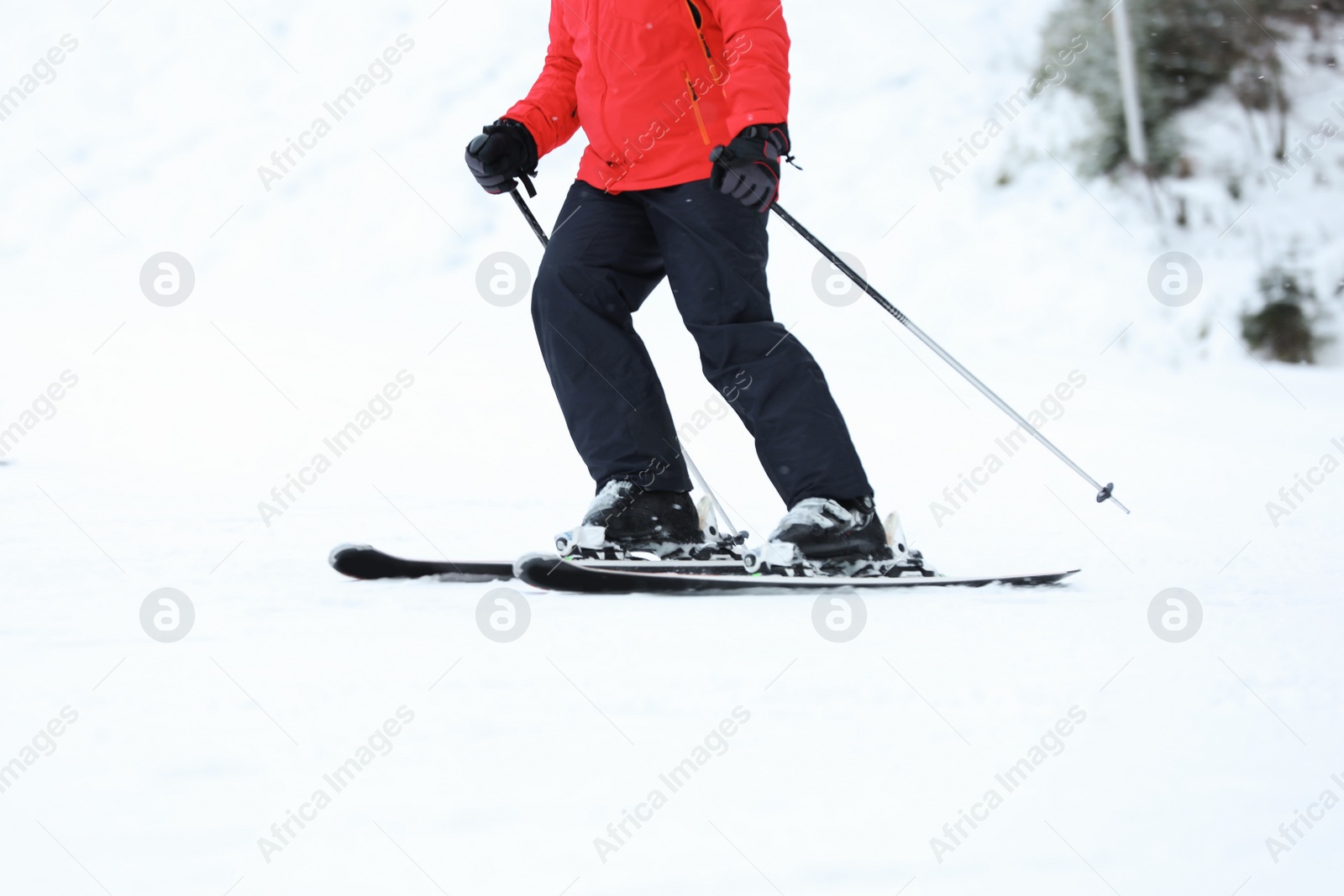 Photo of Skier on slope at resort, closeup. Winter vacation