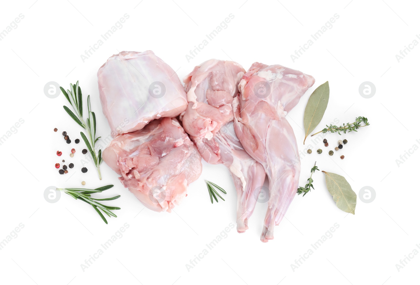 Photo of Fresh raw rabbit legs and spices isolated on white, top view