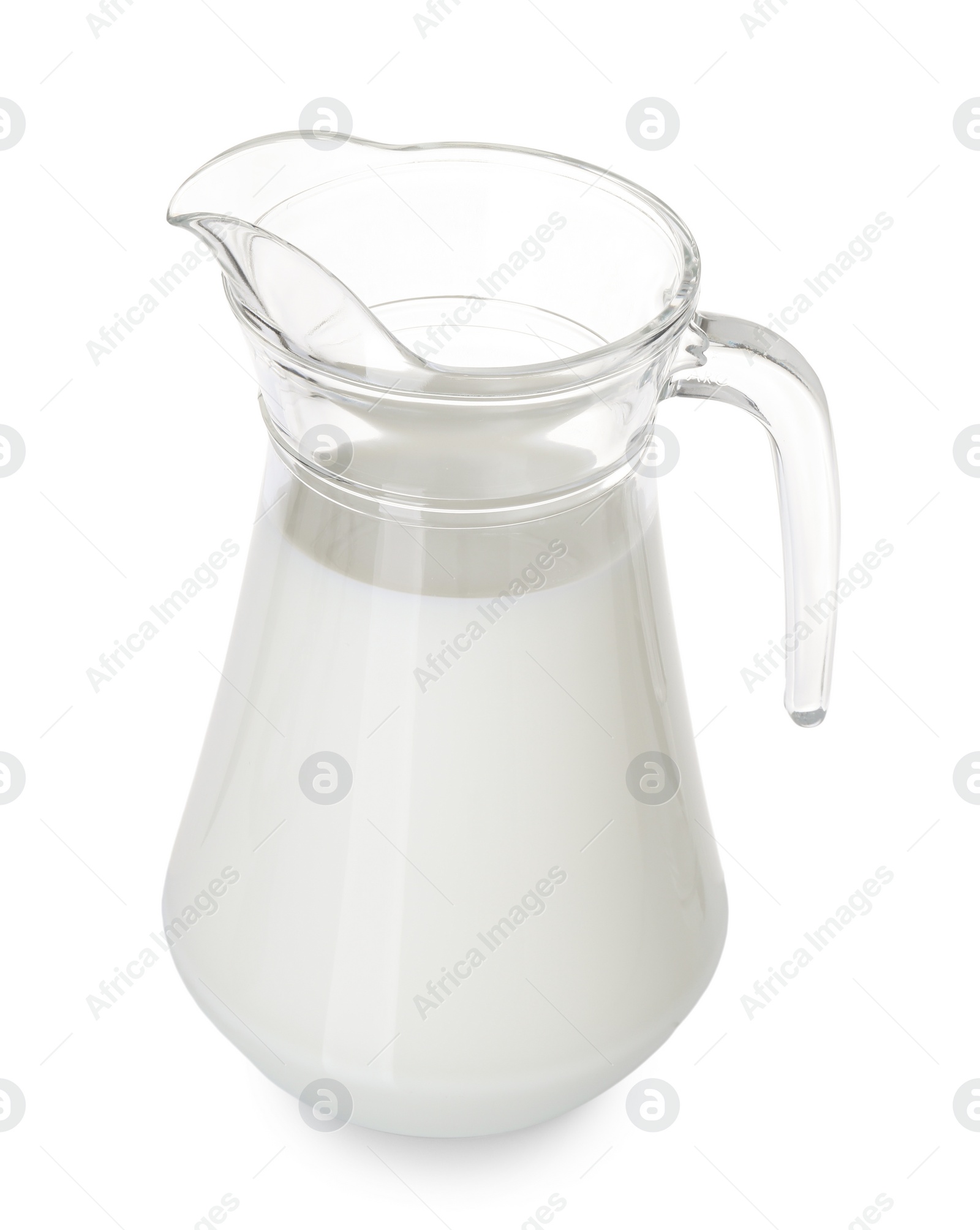 Photo of Glass jug of fresh milk isolated on white