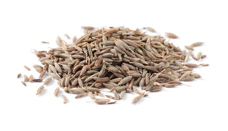 Photo of Heap of aromatic caraway (Persian cumin) seeds isolated on white