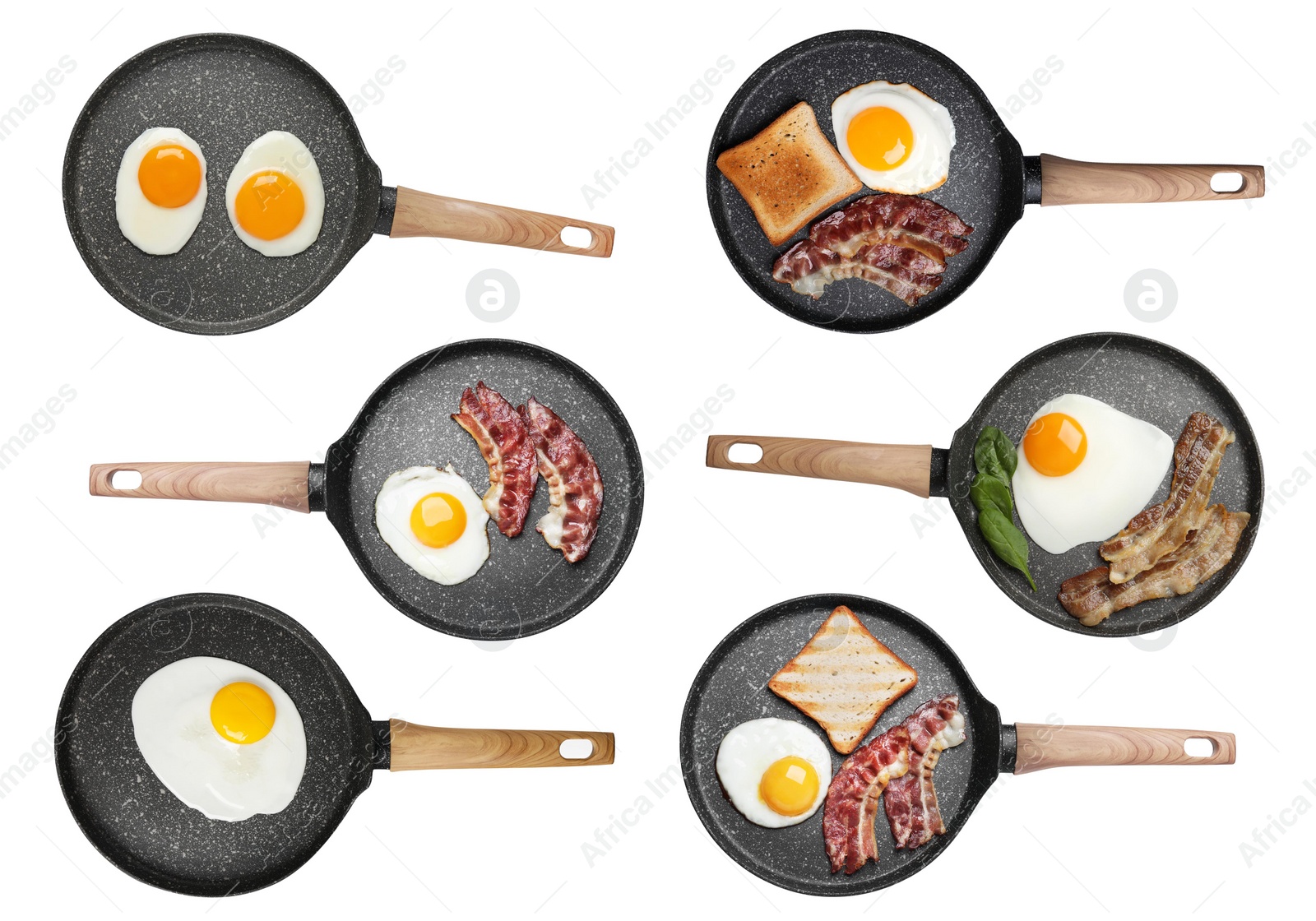 Image of Set with tasty fried eggs, bacon and bread on white background, top view