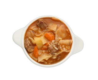 Photo of Tasty cabbage soup with meat and carrot on white background, top view