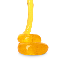 Photo of Flowing orange slime on white background. Antistress toy