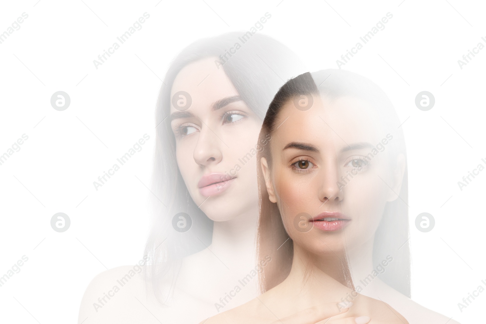 Image of Double exposure of beautiful women on white background