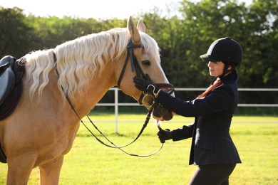 Photo of Young woman in horse riding suit and her beautiful pet outdoors on sunny day