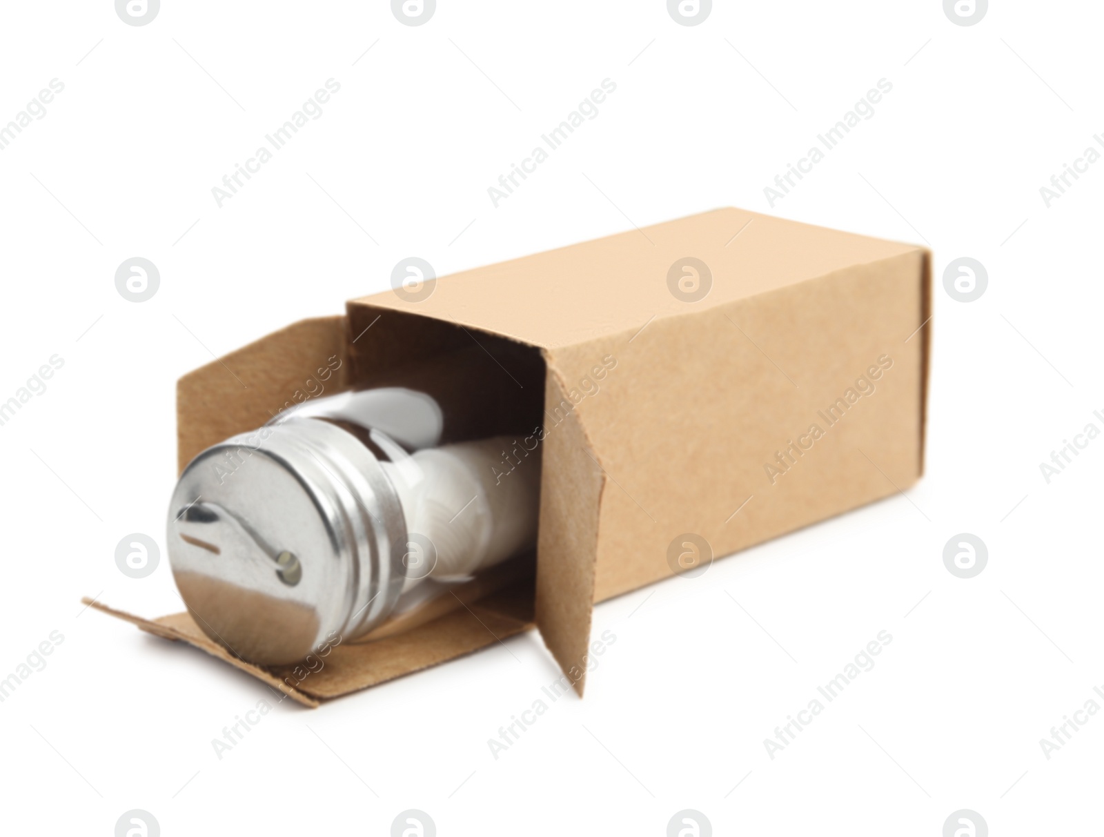 Photo of Jar with roll of natural dental floss in box on white background
