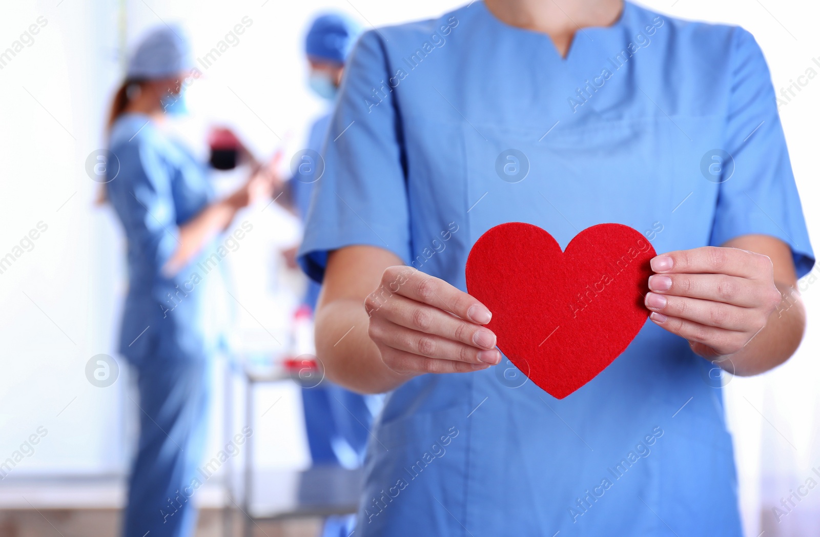 Photo of Doctor holding red heart at hospital, closeup. Donation day