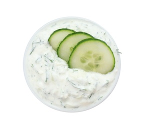 Photo of Bowl with cucumber sauce on white background, top view