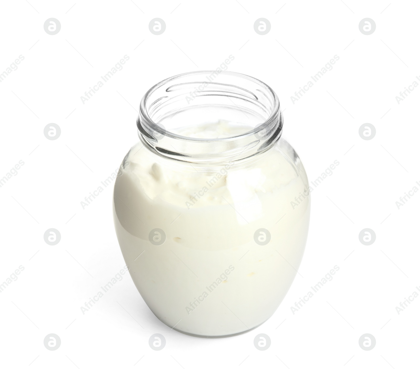 Photo of Tasty organic yogurt in glass jar isolated on white