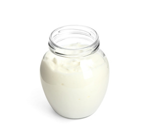 Photo of Tasty organic yogurt in glass jar isolated on white