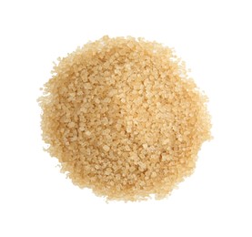 Photo of Pile of brown sugar isolated on white, top view