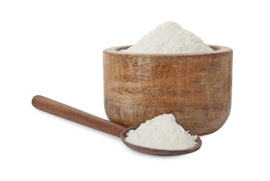 Photo of Baking powder in bowl and spoon isolated on white