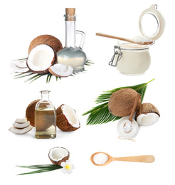 Image of Set of coconuts and organic cooking oil on white background