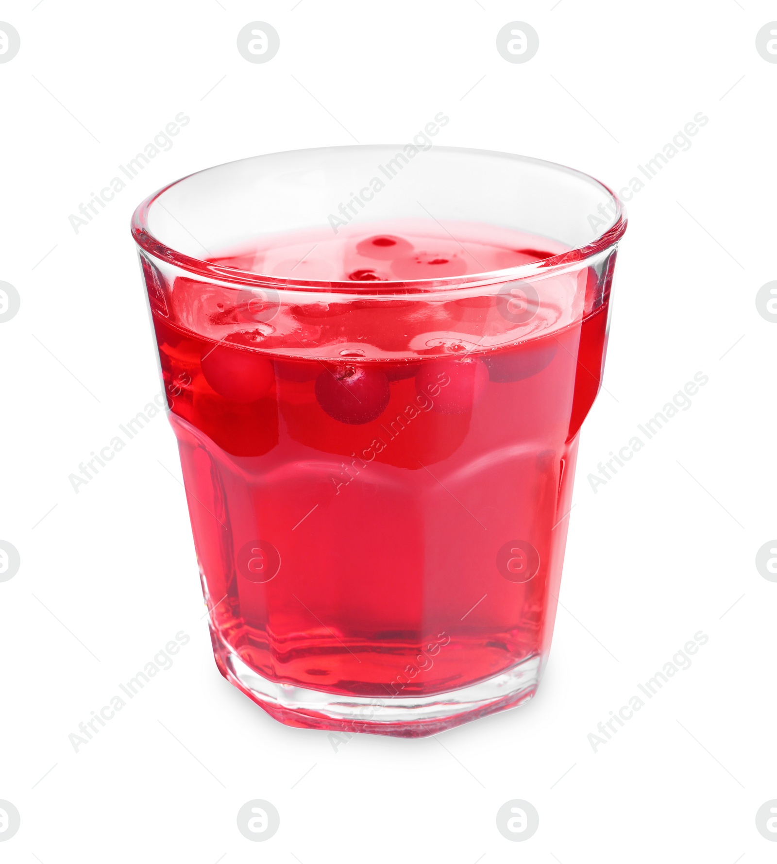 Photo of Tasty refreshing cranberry juice in glass isolated on white