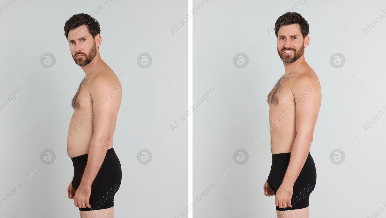 Image of Collage with portraits of man before and after weight loss on light background