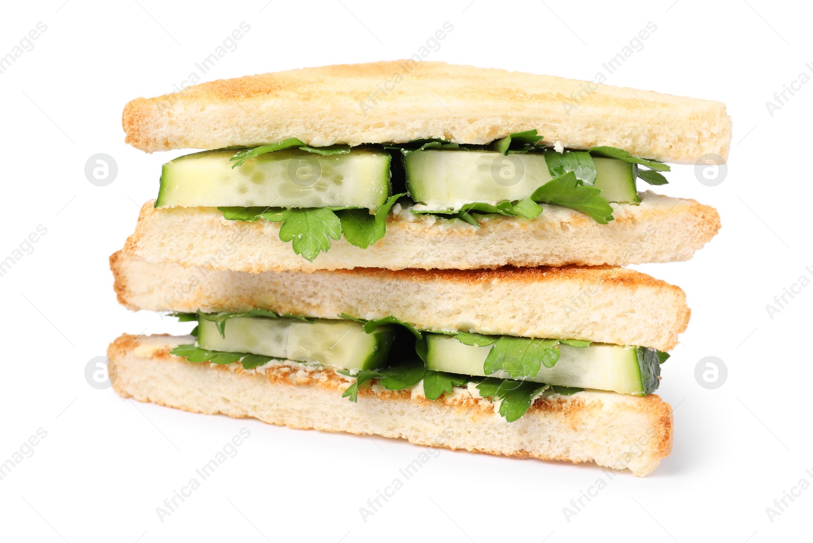 Photo of Tasty sandwiches with cucumber and parsley on white background