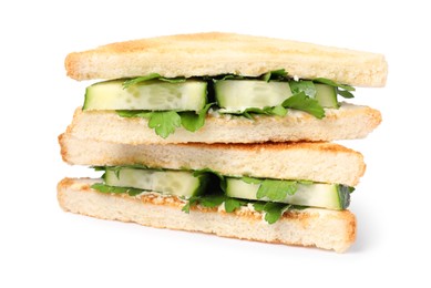 Photo of Tasty sandwiches with cucumber and parsley on white background