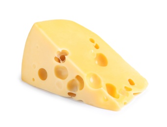 Photo of Piece of cheese with holes isolated on white