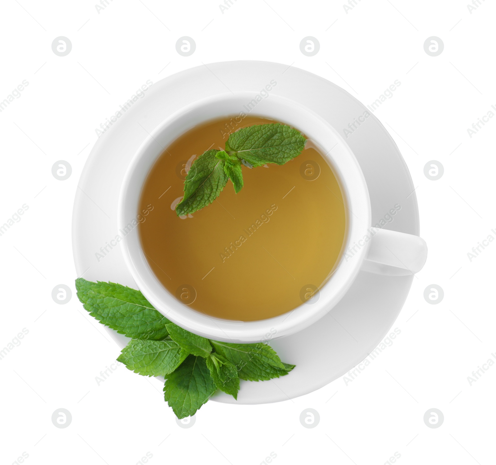 Photo of Cup with hot aromatic mint tea isolated on white, top view