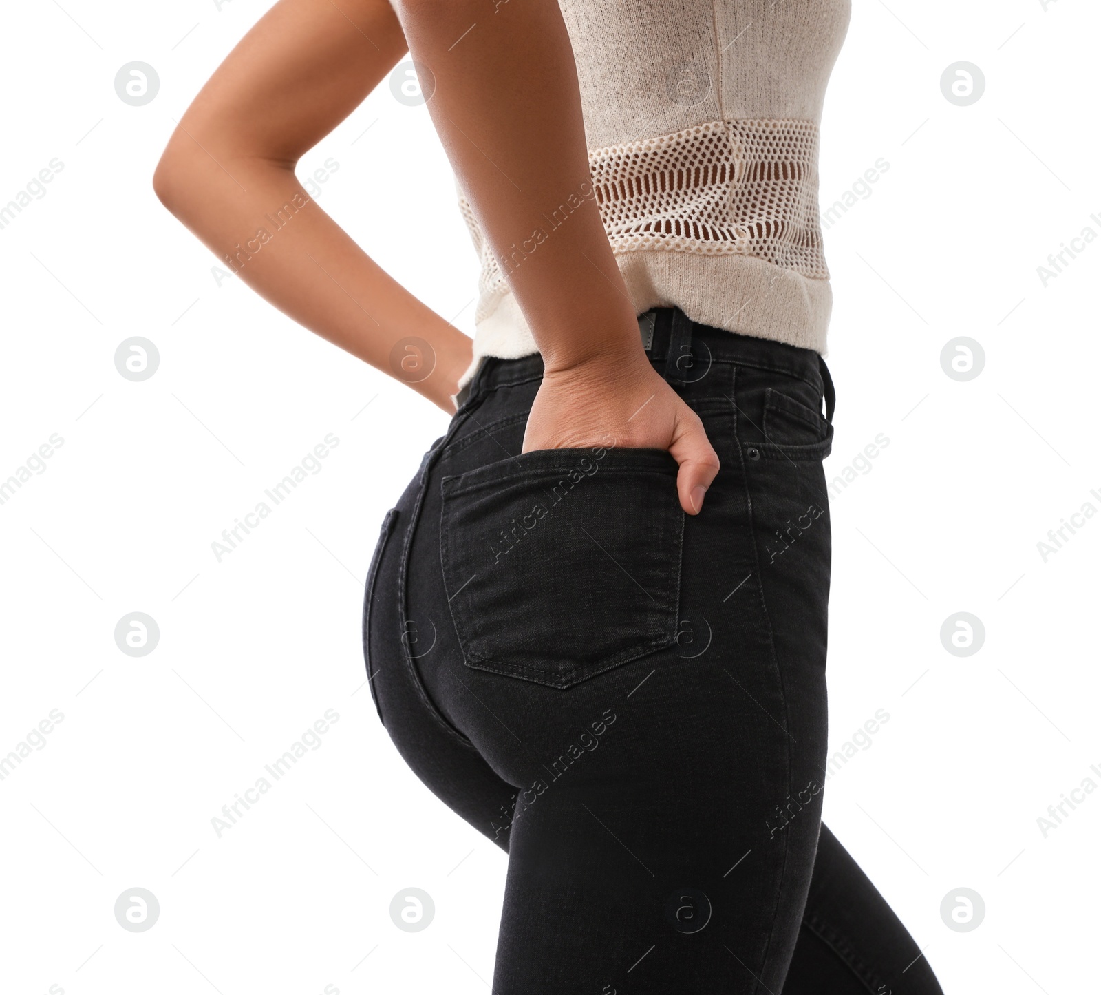 Photo of Woman wearing jeans on white background, closeup