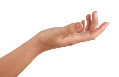 Woman holding something on white background, closeup of hand