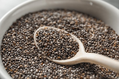 Photo of Closeup of bowl and spoon with chia seeds