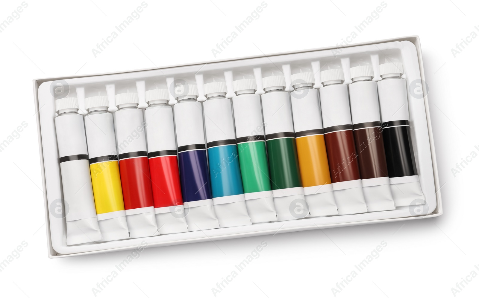 Photo of Set of colorful oil paints in tubes on white background, top view