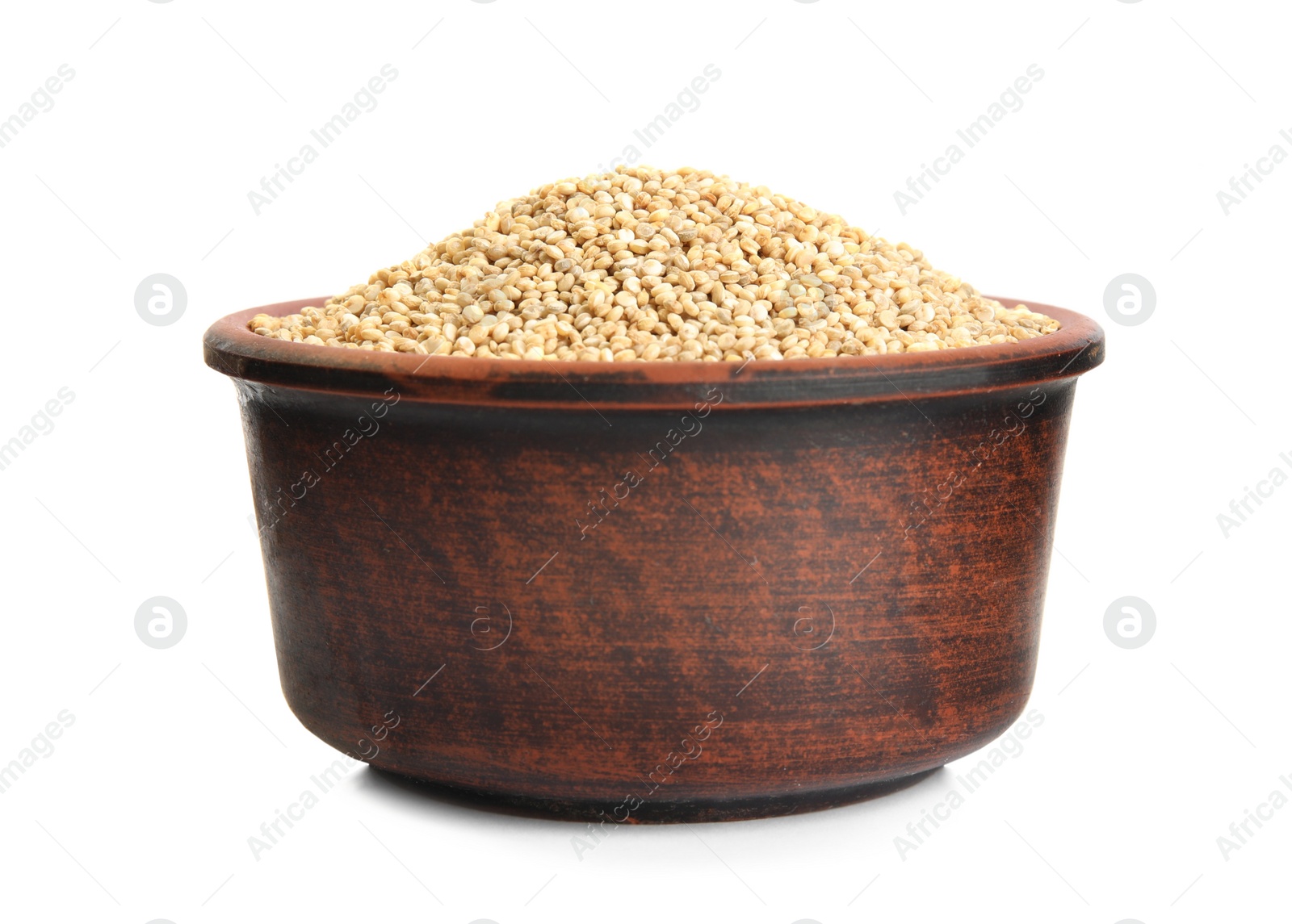 Photo of Bowl with raw quinoa on white background