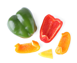 Different juicy bell peppers on white background
