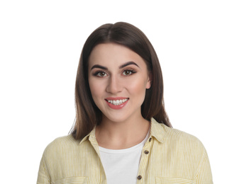 Photo of Portrait of happy young woman on white background