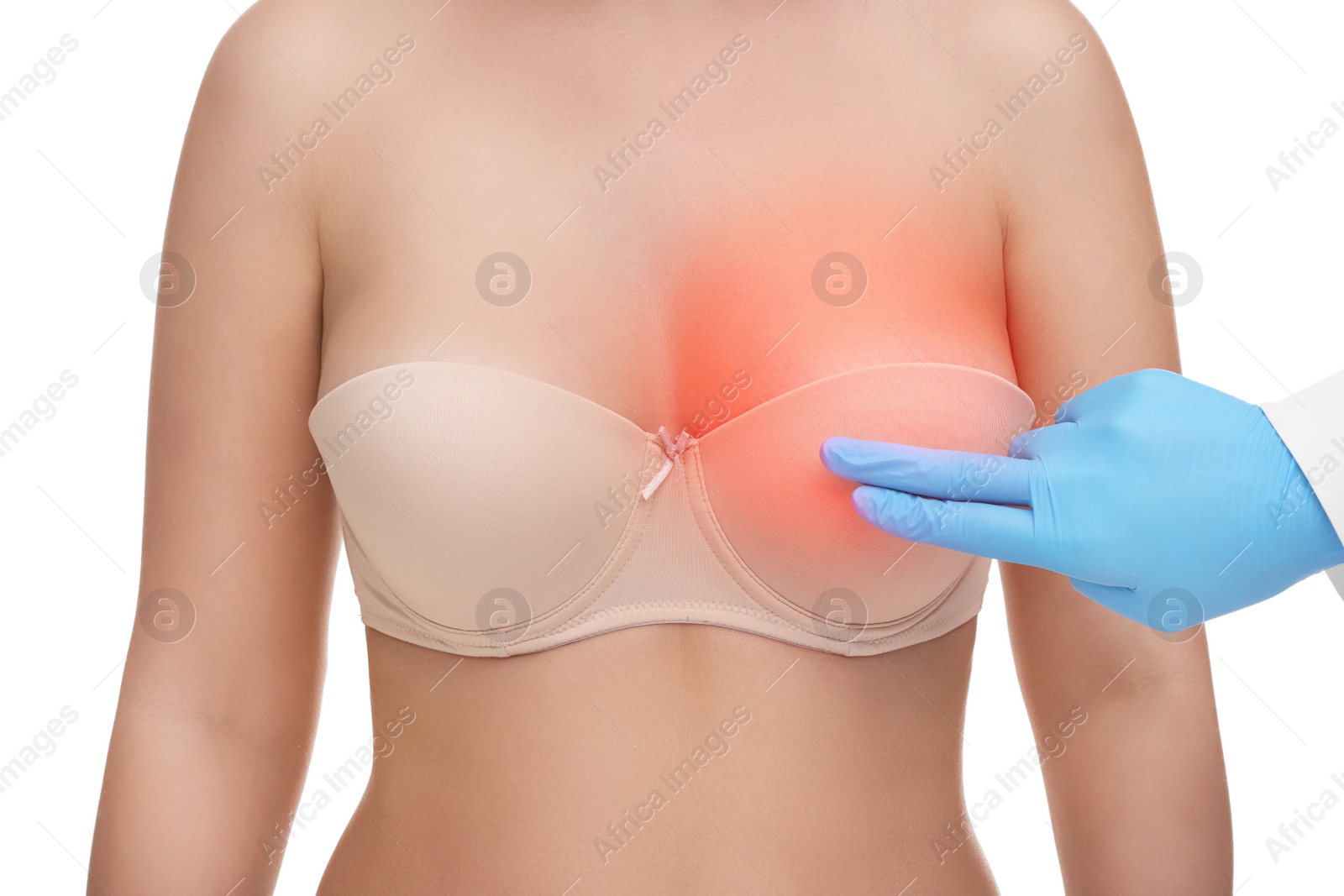 Image of Woman suffering from pain visiting breast specialist on white background, closeup