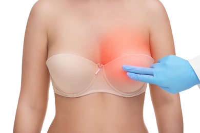 Woman suffering from pain visiting breast specialist on white background, closeup