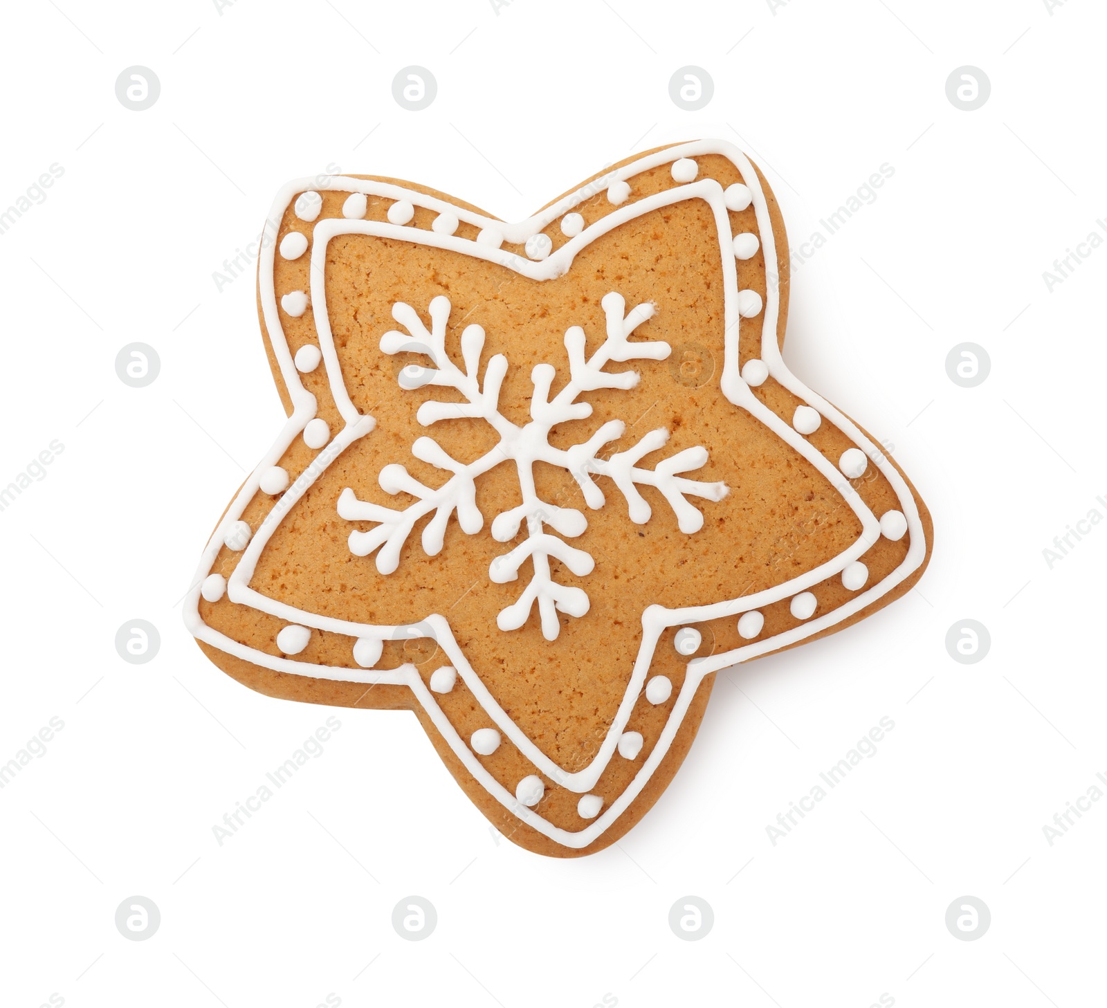 Photo of Tasty star shaped Christmas cookie with icing isolated on white, top view