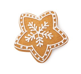 Photo of Tasty star shaped Christmas cookie with icing isolated on white, top view