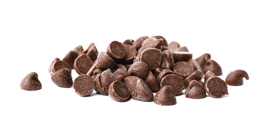 Pile of delicious chocolate chips isolated on white