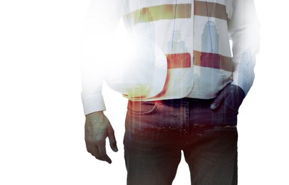 Engineer with hard hat and cityscape, double exposure