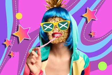 Hype, creative artwork. Woman with pineapple instead of head blowing bubblegum on bright comic background