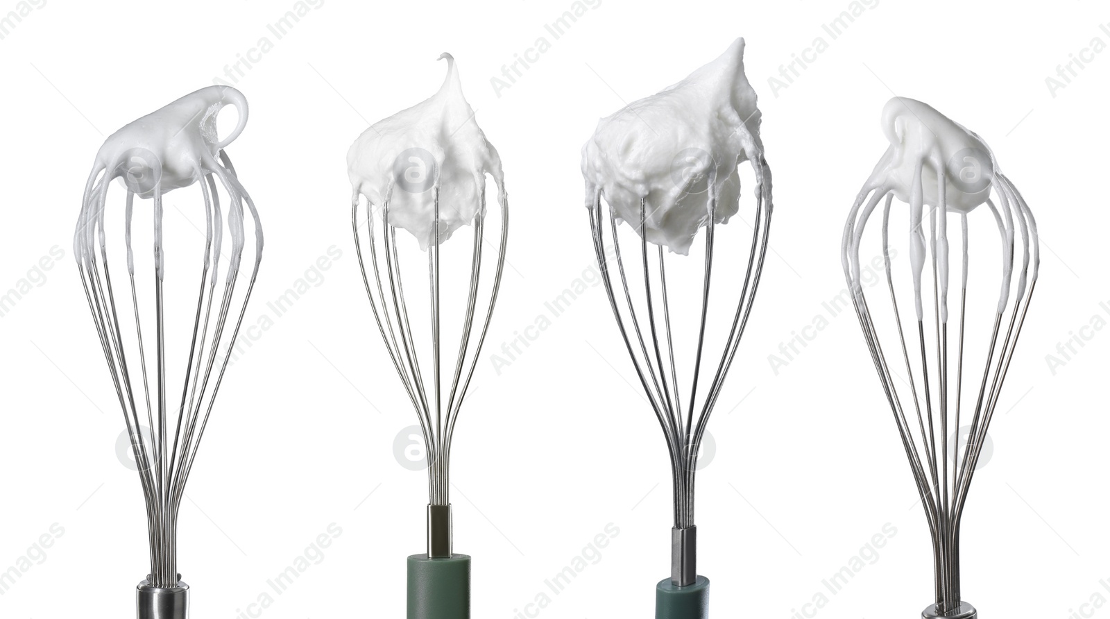 Image of Many different whisks with cream isolated on white, collection