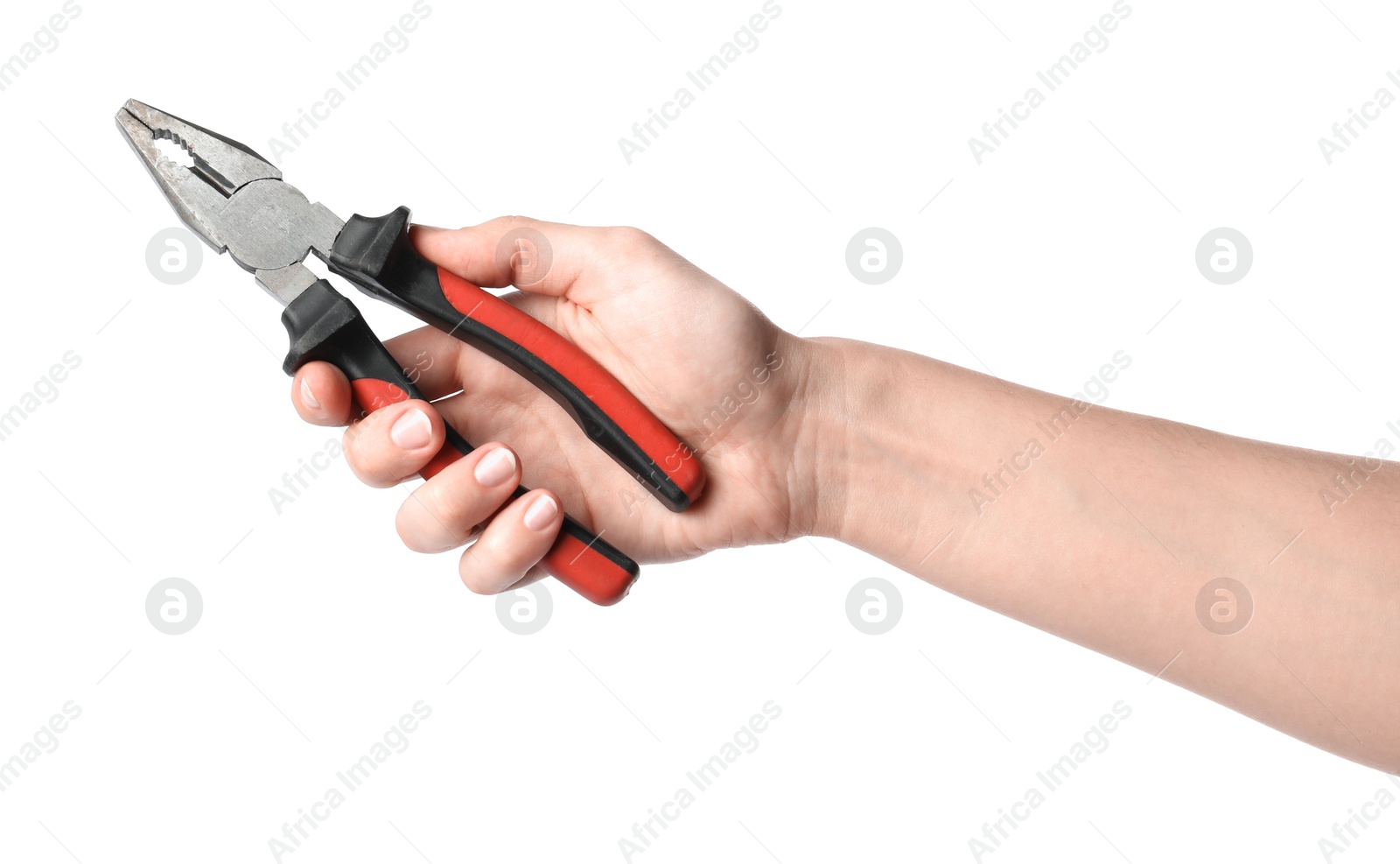 Photo of Woman holding combination pliers isolated on white, closeup