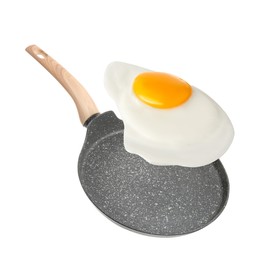 Image of Tasty fried chicken egg falling into frying pan on white background