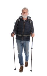 Photo of Male hiker with backpack and trekking poles on white background