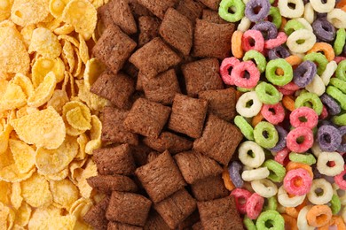 Different types of dry breakfast as background, top view